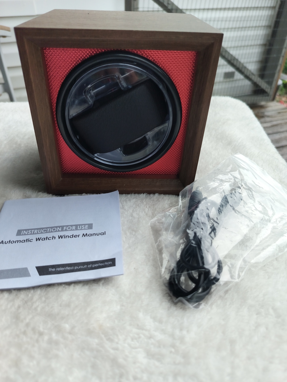 Automatic Watch Winder with Red Fabric Front and Wood Case